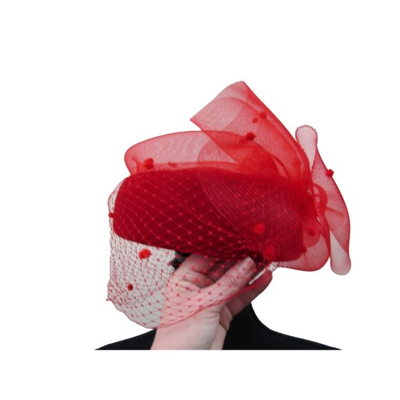 Vintage 50\'s Red Felted Wool Netted Veil with Bow Detail Pillbox Fascinator Hat Vintage Midcentury Red Velvet Pillbox Hat Vintage Red  main image 4